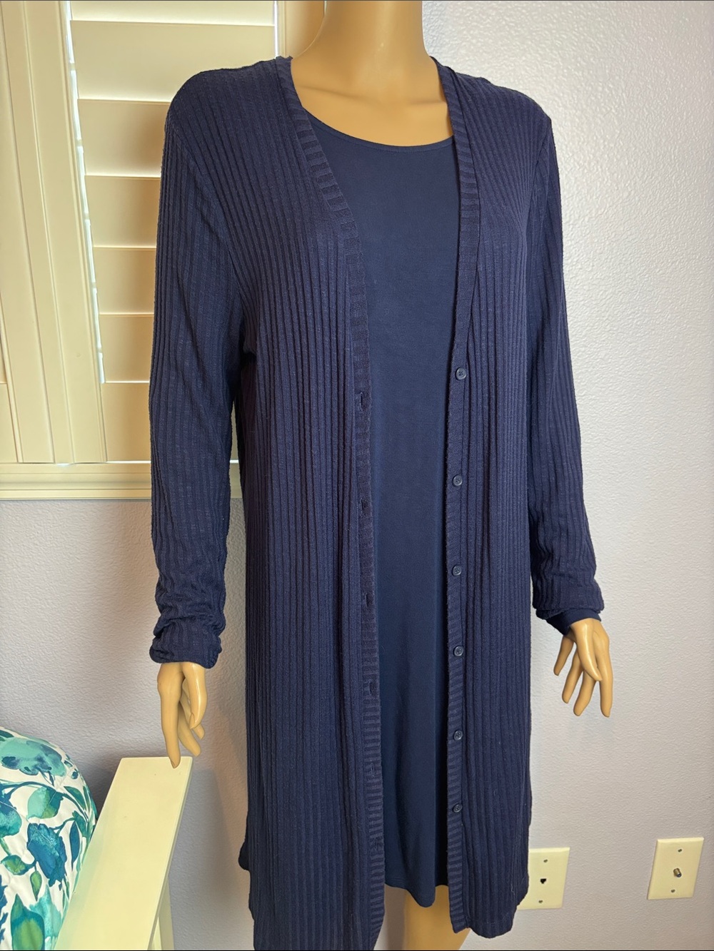 Extra Long Navy Ribbed Button-Front Cardigan Dovetail